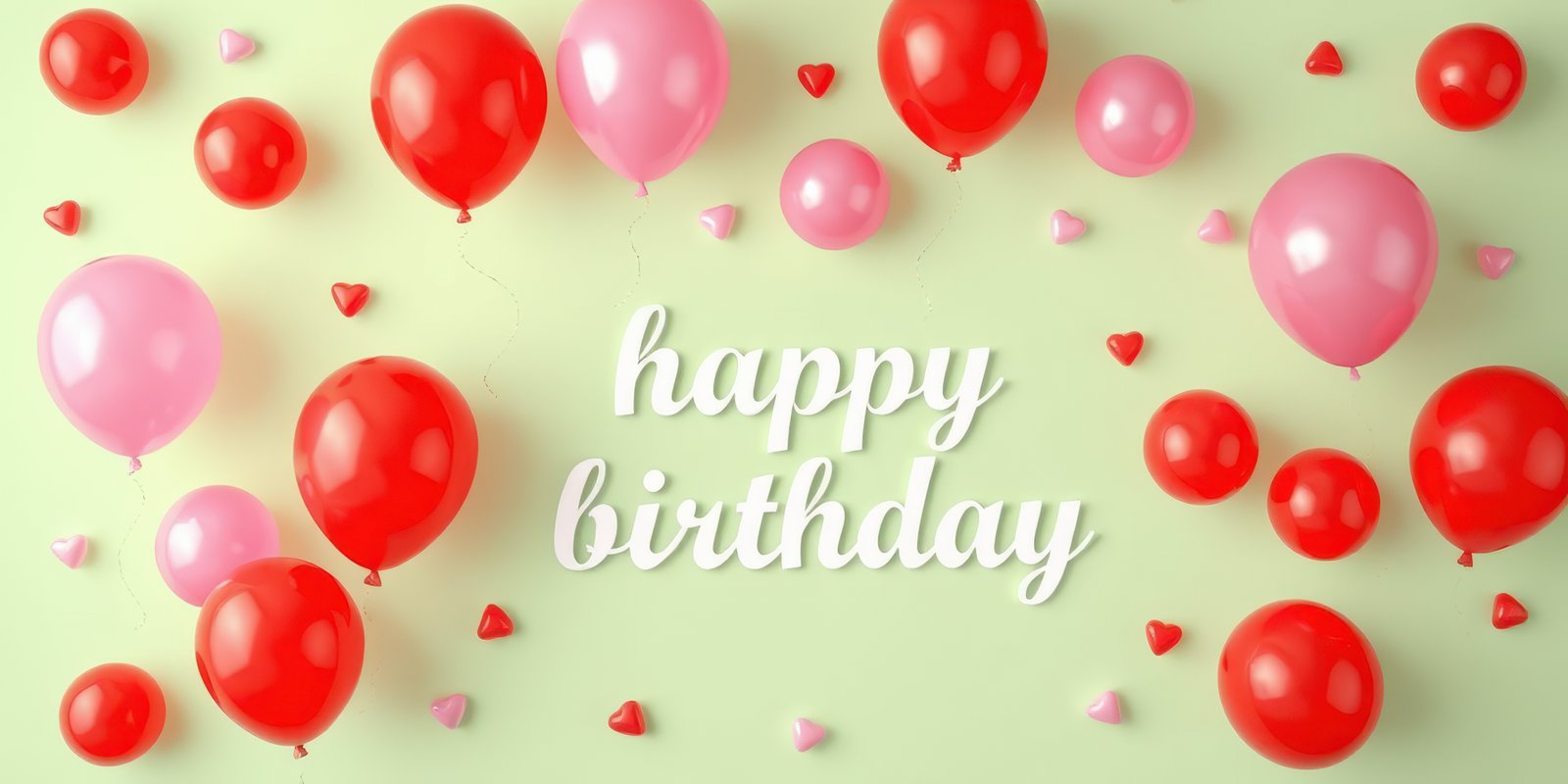 Colorful birthday celebration decorations with balloons and hearts on a light green background